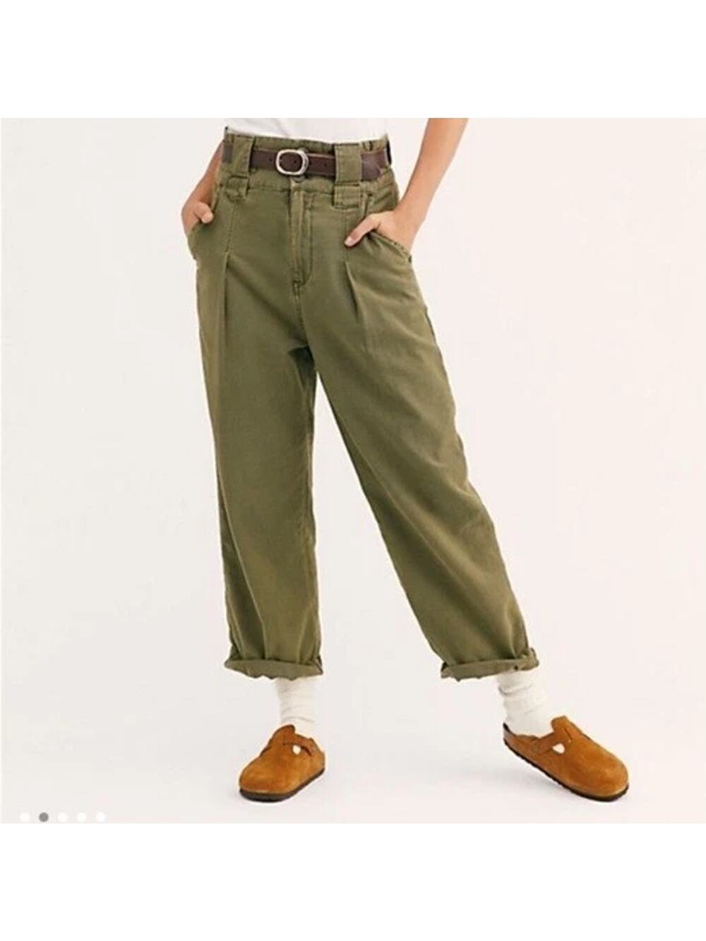 Free People One Way High Waisted Trousers Size 8 Green Oversized Utility Granola